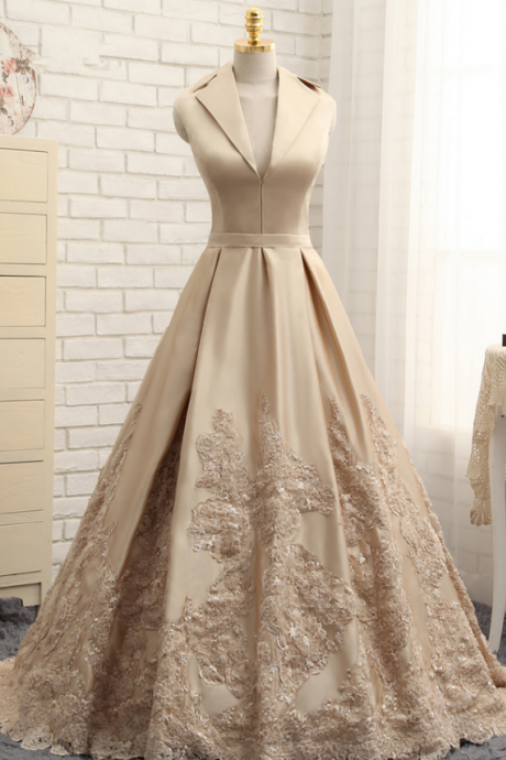 A-line V-neck Cap Sleeves Satin Appliques Lace Prom Gown Long Formal Evening Dresses