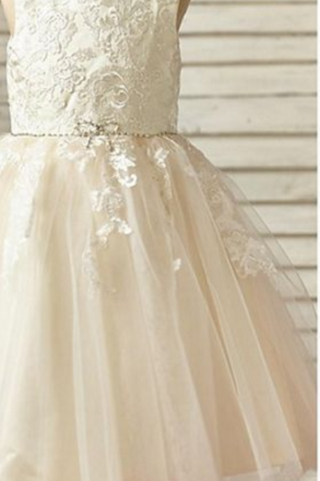 A-line Knee-length Flower Girl Dress - Lace / Tulle Sleeveless Scoop With Appliques / Beading