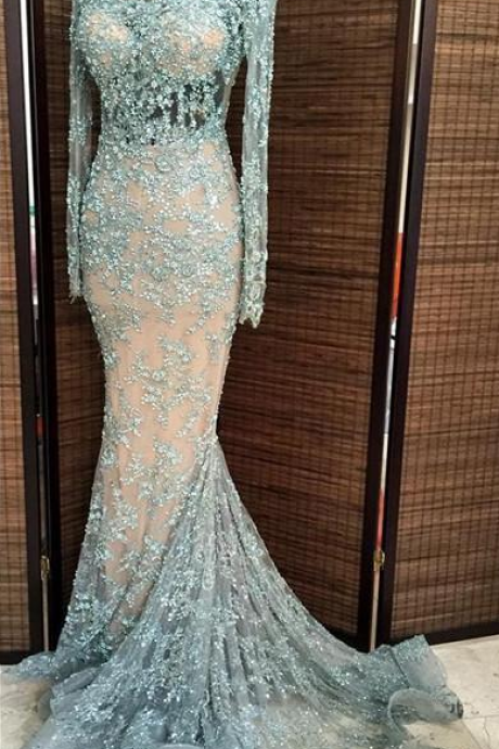Shiny Luxury Beads Applique Lace Sequined Mermaid Evening Dresses With Sheer Long Sleeevs Jewel Neck Sweep Formal Pageant Gowns