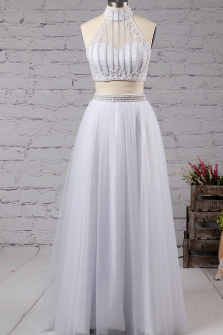 A-line High Neck Tulle Floor-length With Beading Prom Dresses Evening Dresses