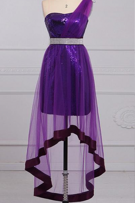  Short Purple Sequins One-Shoulder Cocktail Dresses Piping Sheath Party Sexy Club Wear High Quality Zipper Tulle Sashes Prom Gown