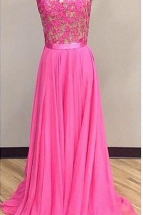 Plum Pink Long Prom Dresses Sheer Neck Cap Sleeves Appliques Lace Chiffon Floor Length Backless Homecoming Dresses Graduation Dresses 