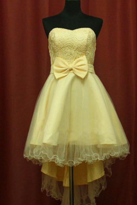 Yellow Homecoming Dresses Laced Up Sleeveless A Line Strapless Short Bow