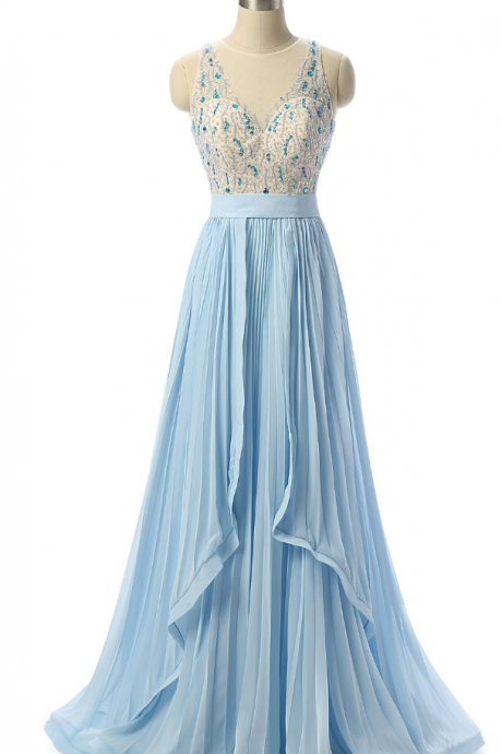 Long Evening Formal Dresses Light Blue Sleeveless A Line Floor Length Chiffon Pleats Prom Evening Dresses