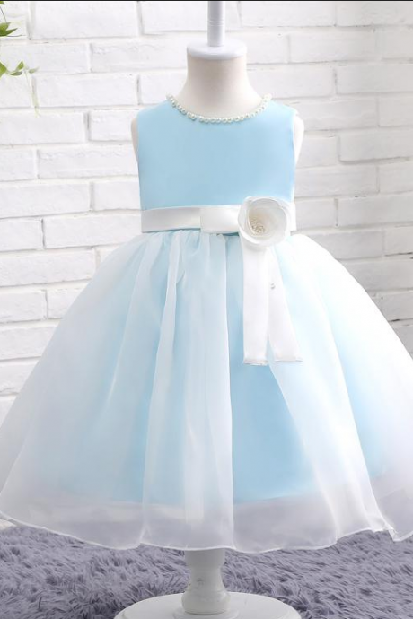 Light Sky Blue Flower Girl Dresses , For Weddings Princess Bow Sash Handmade Flower Kids Birthday Dress Cute Tutu Gowns