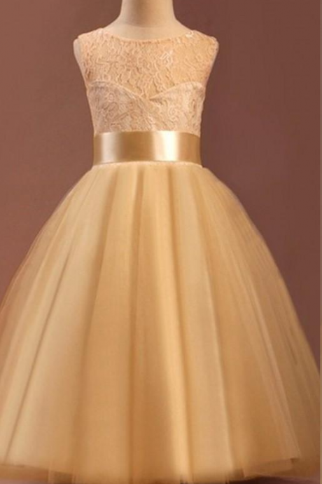 Cute Scoop Neck Tulle Flower Girl Dresses , Champagne Lace Floor-length Girls Pageant Dresses First Communion Dresses