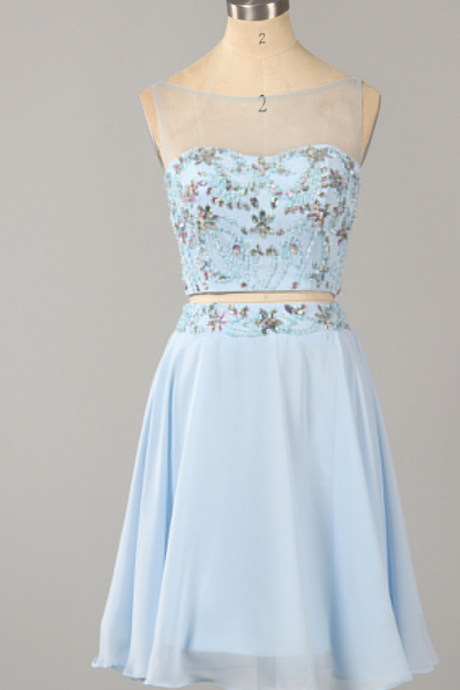 Mist Blue Low Back Homecoming Dress, Two Piece Short Homecoming Dress with Beads and Crystal, Princess Chiffon Homecoming Dress,