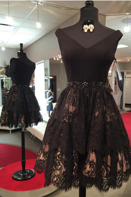 Tired Lace Skirt V Neck Satin , Homecoming Dresses ,little Black Gowns