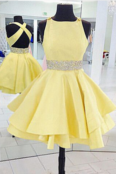 Yellow Short Prom Dresses, Backless Satin Homecoming Dresses,beaded Homecoming Dresses