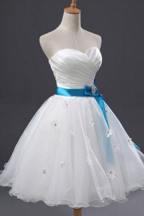 The White Homecoming Dress, With The Sky-blue Belt Ball Gown