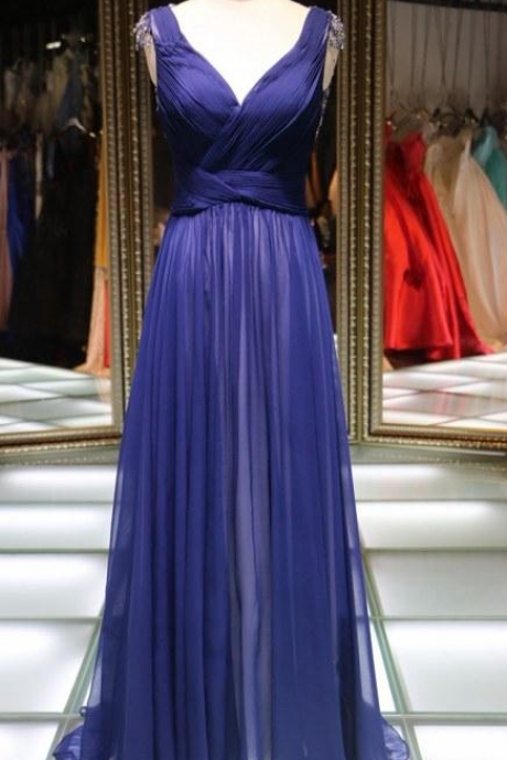 Elegant Fashion Royal Blue Formal Evening Wear Gowns V Neck Pleated Chiffon Backless Keyhole Back Beaded Sweep Train Mother Of
