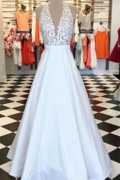 Sexy V Neck Halter White Long Prom Dresses With Appliques