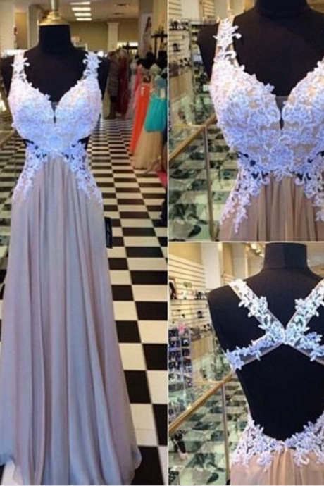 Backless Prom Gowns,elegant Prom Dress,white Lace Prom Dresses,chiffon Evening Gowns,champagne Formal Dress