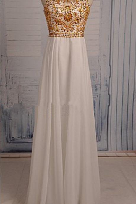 Whitebeading ,backless Prom Gown,elegant Prom Dress,open Back Evening Gowns,long Party Dress With Gold Beads For Teen