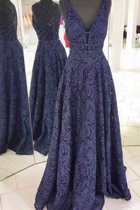 A-line Deep V-neck Dark Blue Lace Prom Dress With Beading