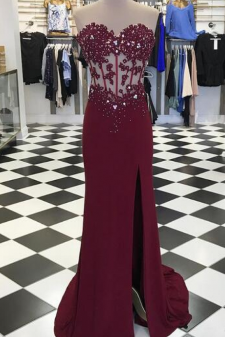 Burgundy Wine Red Mermaid Chiffon Prom Dresses , Sweetheart Beading Crystals Sleeveless Evening Dresses Formal Gowns Vestidos