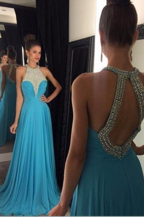 Graceful Light Blue Prom Dress Long Beaded Bodice Robe De Soiree Sexy Backless Chiffon Prom Gowns