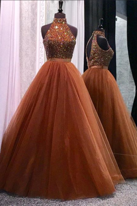 Charming Tulle Halter Beaded Prom Dress, Sexy Long Evening Dresses, Formal Gown