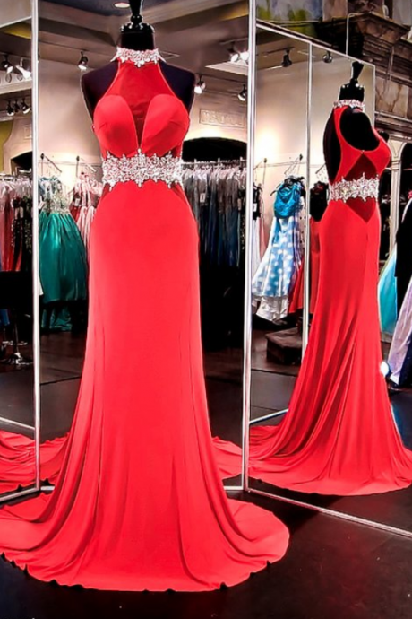 Red Jersey Prom Dress with Crystal Choker and Keyhole Back ,evening dresses