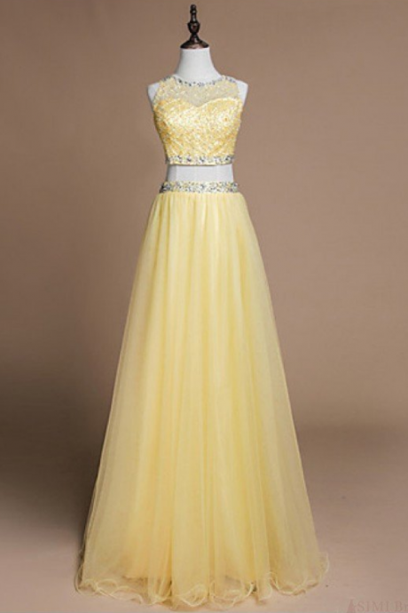  Yellow Tulle Prom Dresses Crystal Women Party Dresses Two Parts Dresses