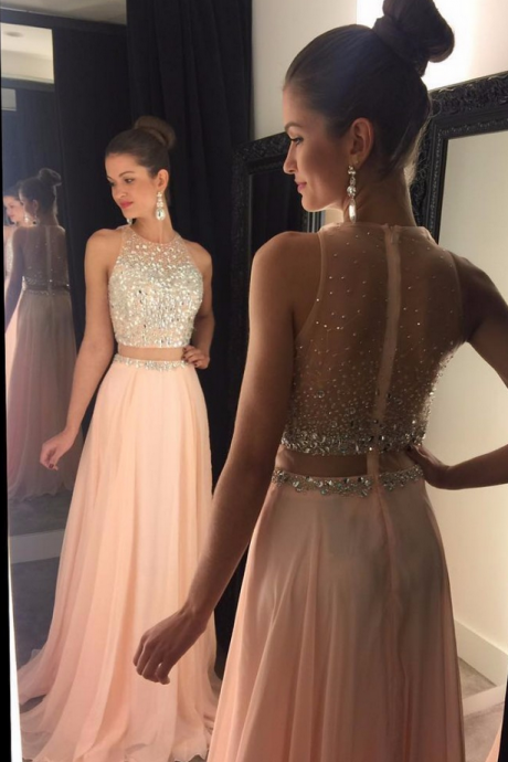 Two Piece A Line Scoop Long Blush Chiffon Prom Dresses With Beading