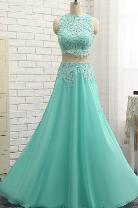 A-line High Collar Chiffon Lace Two Pieces Long Prom Gown Evening Dresses Evening Gown