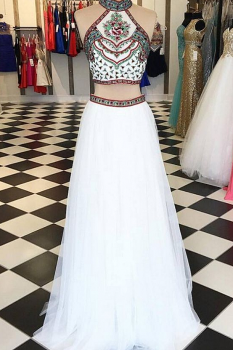 White, Two Piece, Halter ,sleeveless, Floor-length Prom Dress, With Embroidery ,evening Dress,floor Length, , 2018 Fashion ,prom Dresses