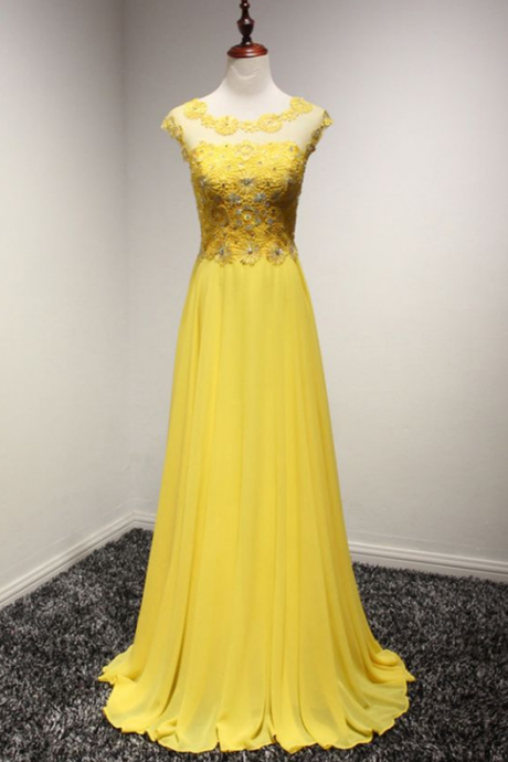 Flowy ,long Chiffon, Prom Dress In Yellow With Lace ,beading Top,floor Length, Prom Dress, 2018 Fashion ,prom Dresses