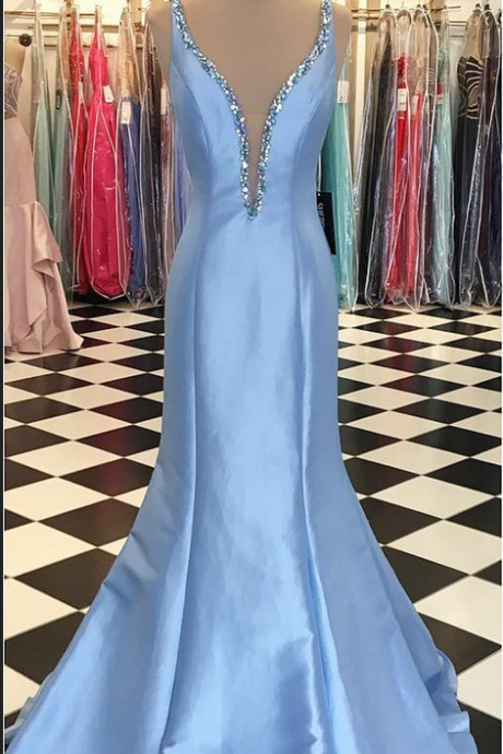Light Blue Plunging V-neckline Satin Mermaid Evening Dress With Crystal Embellishments