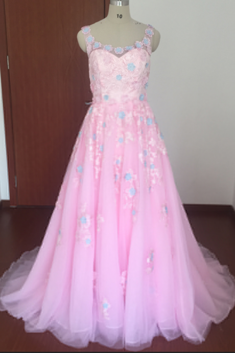 Real Picture Prom Dresses, Pink Prom Dresses, Pink Organza Prom Dresses, Lace Prom Dresses, Hand Made Flowers Prom Dresses, A Line Prom Dresses,