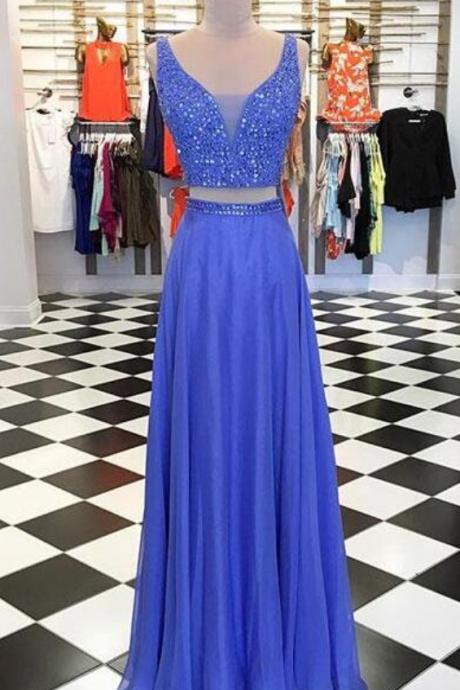 Two-piece Beading Prom Dress,v-neck Blue Prom Dress,long Prom Dress