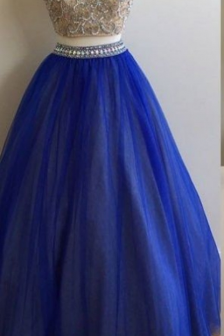 2 Piece Sexy Prom Dress With Beadings Tulle Royal Blue 2 Pieces Evening Gowns For Teens