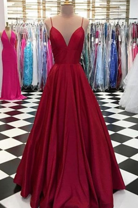 Simple Spaghetti Straps Prom Dresses,v-neck Evening Dresses,burgundy Prom Dress,satin Formal Dress