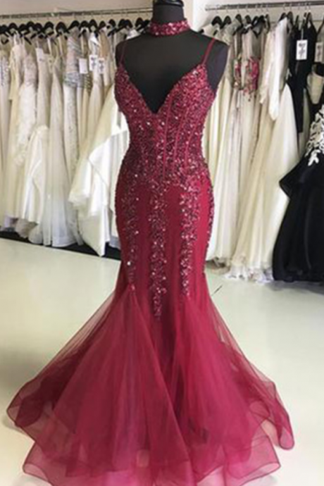 Sexy Burgundy Tulle Prom Dress,v Neckline Prom Dresses, Long Evening Dress, Long Open Back Mermaid Prom Dress