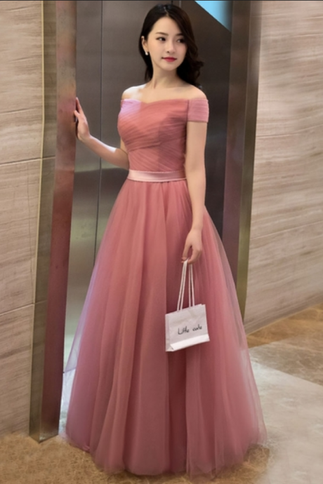 Elegant Pink A Line Off Shoulder Tulle Long Prom Dress, Evening Dress, Tulle Evening Dresses, Charming Prom Dresses, Simple Prom Dresses