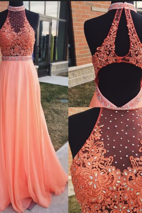 Coral Prom Dresses Long,prom Dresses 2017,high Neck Lace Applique Beads Prom Dresses,prom Gowns,sexy Prom Dresses