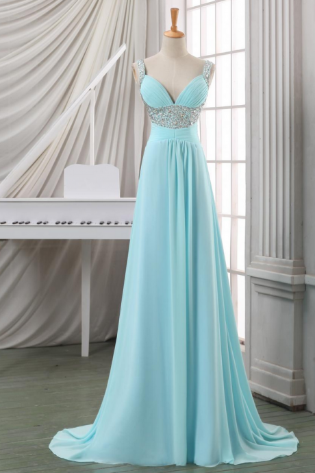 Empire Spaghetti Straps Prom Dresses Long,pleated Chiffon Sexy Prom Dresses ,beads Blue Party Dress,dresses For Gaduation