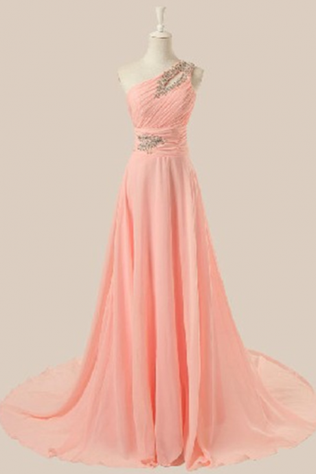 Delicate Pink One Shoulder Beadings Prom Gown , Elegant Prom Dresses , Evening Gowns,