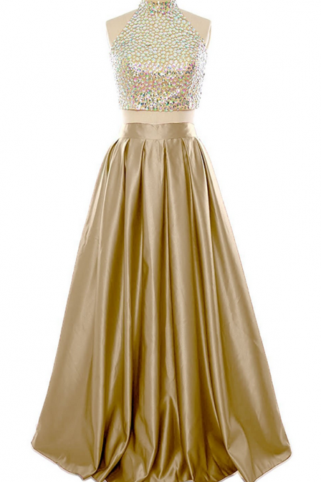  High Neck Prom Dress, Beaded Gold Color Prom Dress, Two Piece Prom Dress
