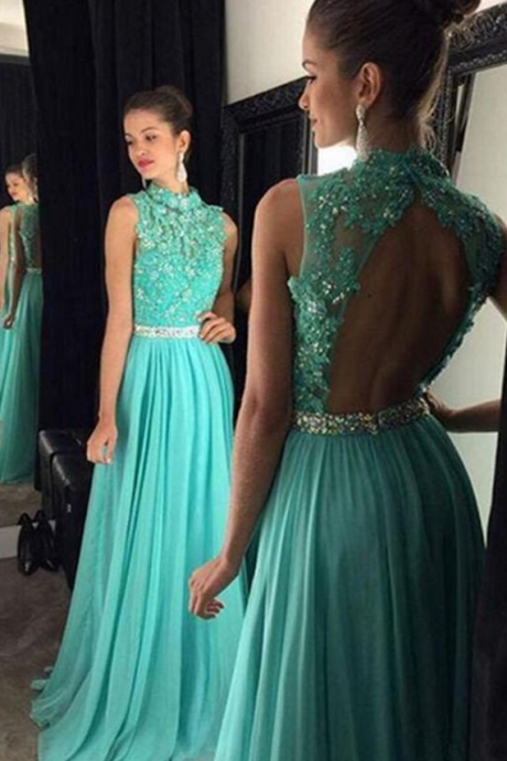 Style Prom Dress,a Line Prom Dress,high Neck Open Back Prom,long Prom Dress,appliques Beading Prom Evening Dress