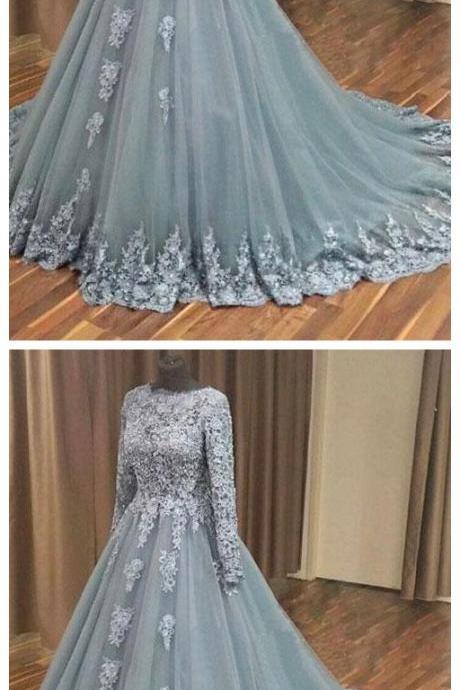A-line Grey Tulle Lace Appliqued Long Sleeves Wedding Dresses Quinceanera Dresses