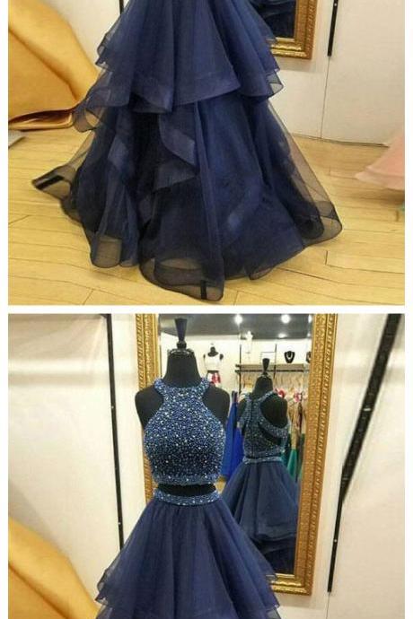 Two Piece Beaded Multi Layered Prom Dresses Organza Navy Blue Formal Dresses