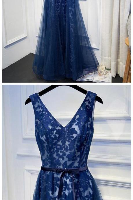 A Line Navy Blue Organza Formal Evening Dress V-neck Lace Prom Dress With Belt