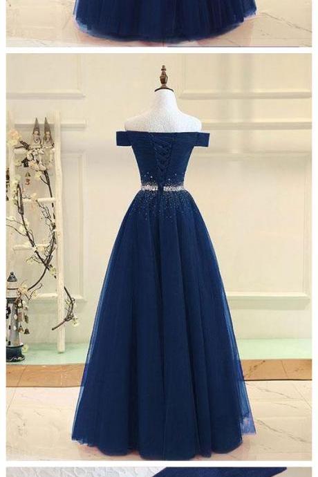Off The Shoulder Beaded Prom Dresses Navy Blue Pleated Long Quinceanera Dresses
