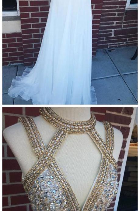 Long Chiffon Deep V-neck Gold Prom Dresses Beaded Formal Evening Ball Gowns