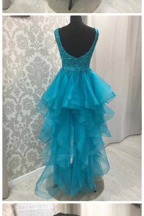 Blue Beaded Lace High Low Prom Dresses Muti-layered Organza Quinceanera Dresses
