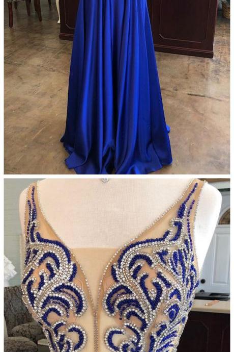 Long Beaded Royal Blue Prom Dresses See Through Plus Size Formal Dresses