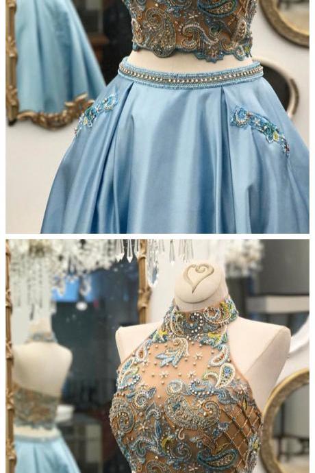 Unique Two Pieces Beads Long Prom Gown, Unique Blue Evening Dress