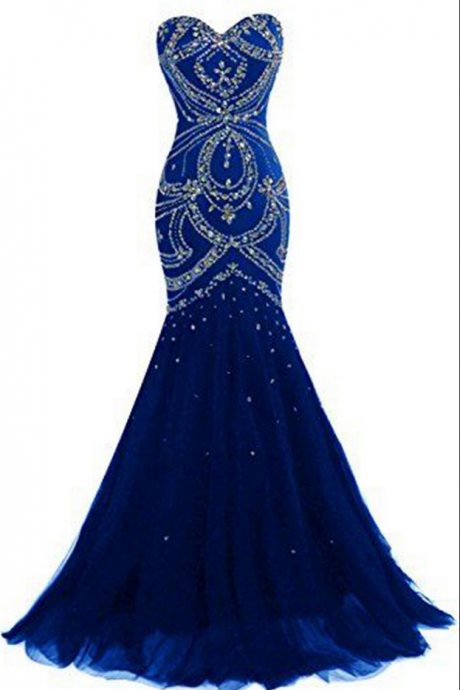 Navy Blue Tulle Prom Dresses, Sweetheart Sequins Beaded Backless Mermaid Long Prom Dresses, Evening Dresses