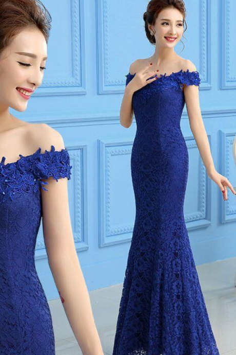 Royal Blue Lace Mermaid Off Shoulder Long Party Dress, Blue Party Gowns, Formal Dress